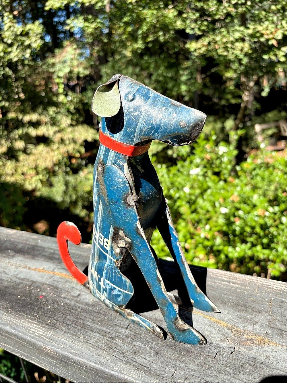 Recycled Metal Blue & Red Dog Sculpture Decor